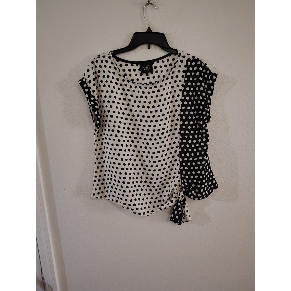 W5 Women Polka Dot Side Tie Blouse Black White Cap Sleeve Scoop Neck Top Large